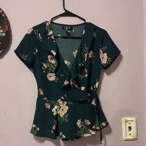 Streetwear Society Dark Green Floral Wrap Peplum Blouse